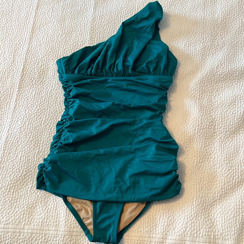 J. Crew one shoulder green ruched bathing suit size 2